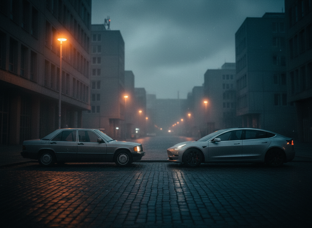 A moody, blurred architectural automotive scene set in 1980s Berlin. Wet cobblestone street at dusk, brutalist and cold war era buildings in the background, heavy atmospheric mist and dramatic low light. Two cars: one vintage 1980s car on the left, and a sleek modern electric car (similar in silhouette to a Tesla Model 3) on the right facing the opposite direction. Both cars rendered with a gritty, analog film aesthetic — grain, slight motion blur, muted tones of grey, amber streetlight, and deep shadow. Cinematic and melancholic.